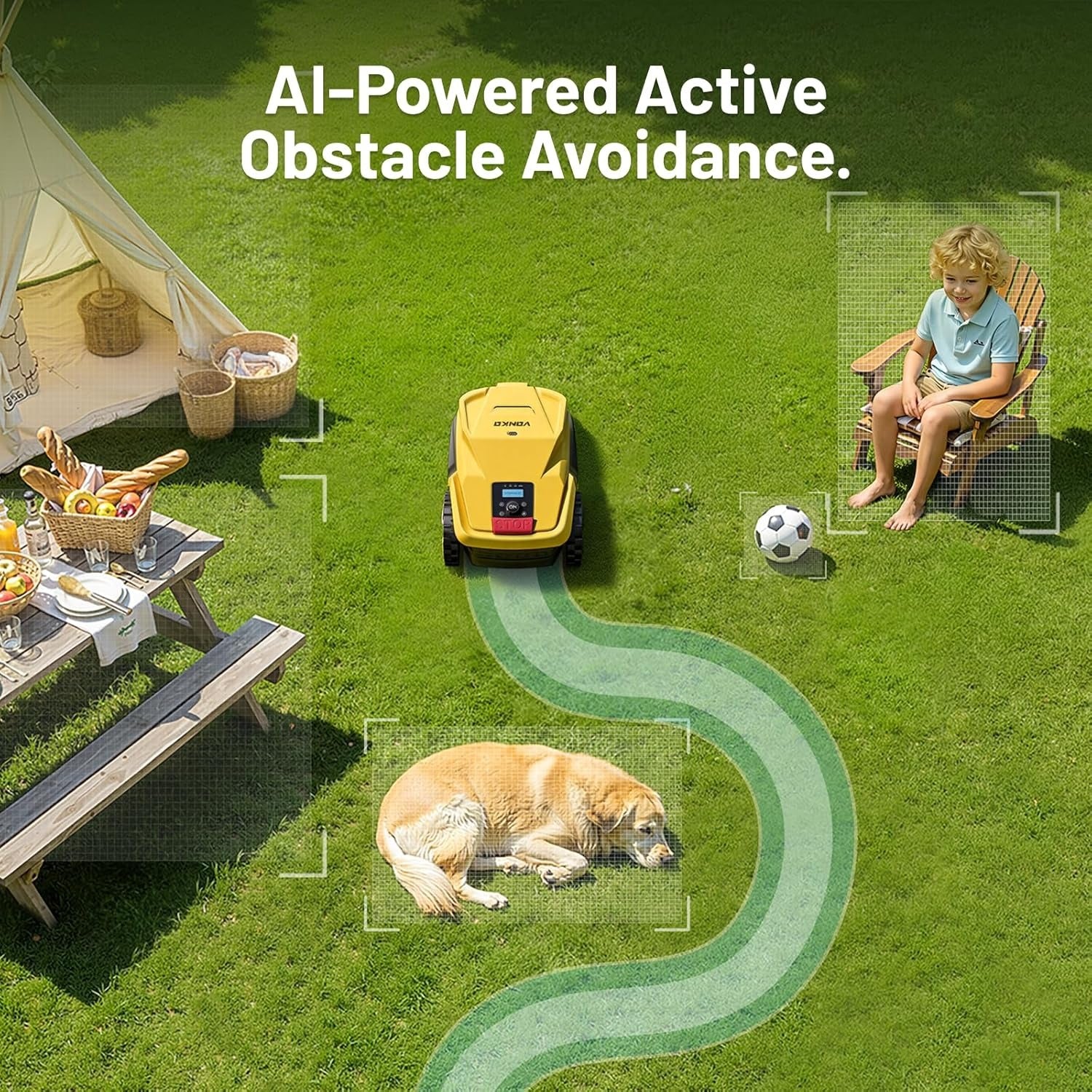 VONKO M200 robot lawn mower using AI obstacle avoidance around garden objects and pets