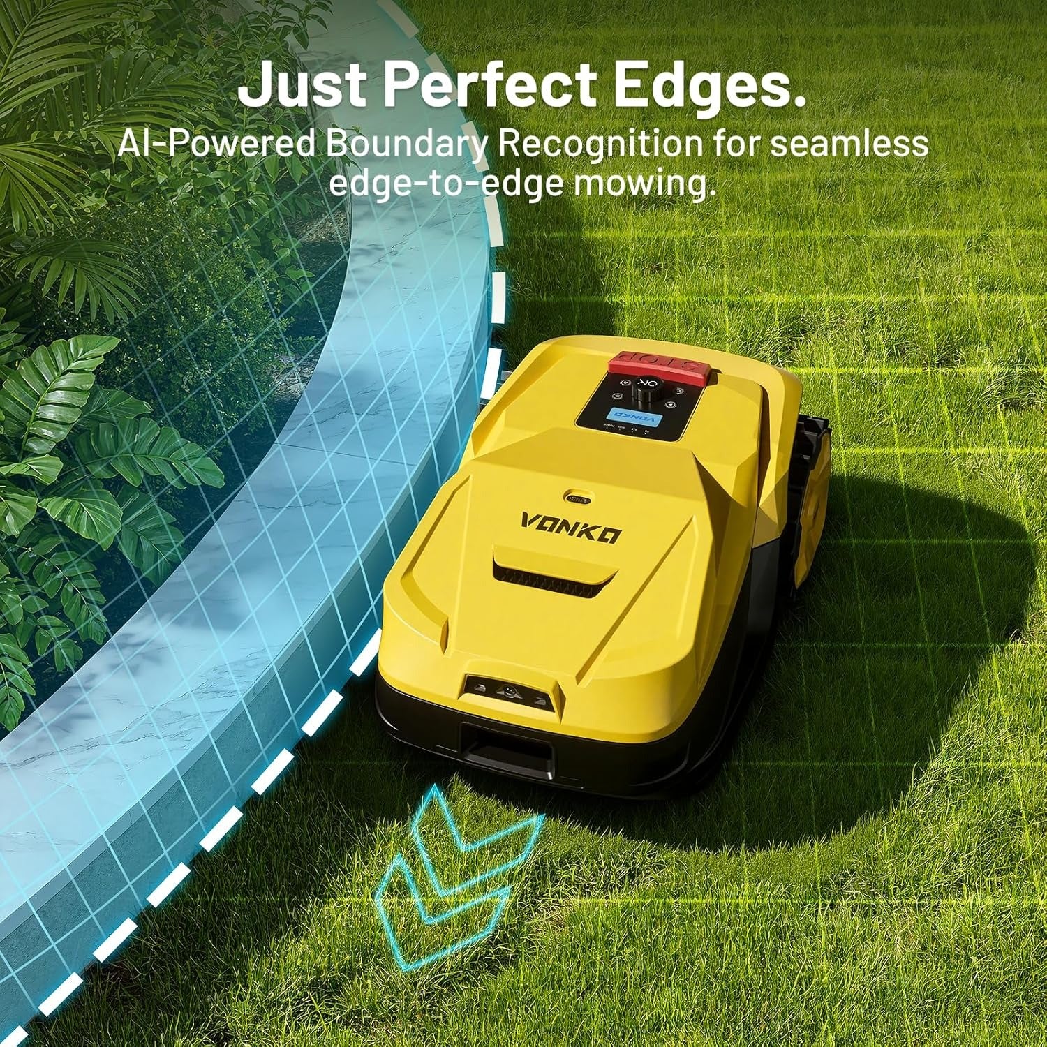 VONKO M200 robot lawn mower designed to mow close to lawn edges for a cleaner finish