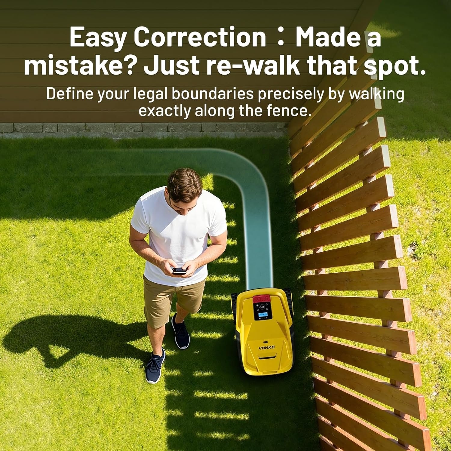 VONKO M200 robot mower with app-based virtual boundary adjustment for easier lawn setup