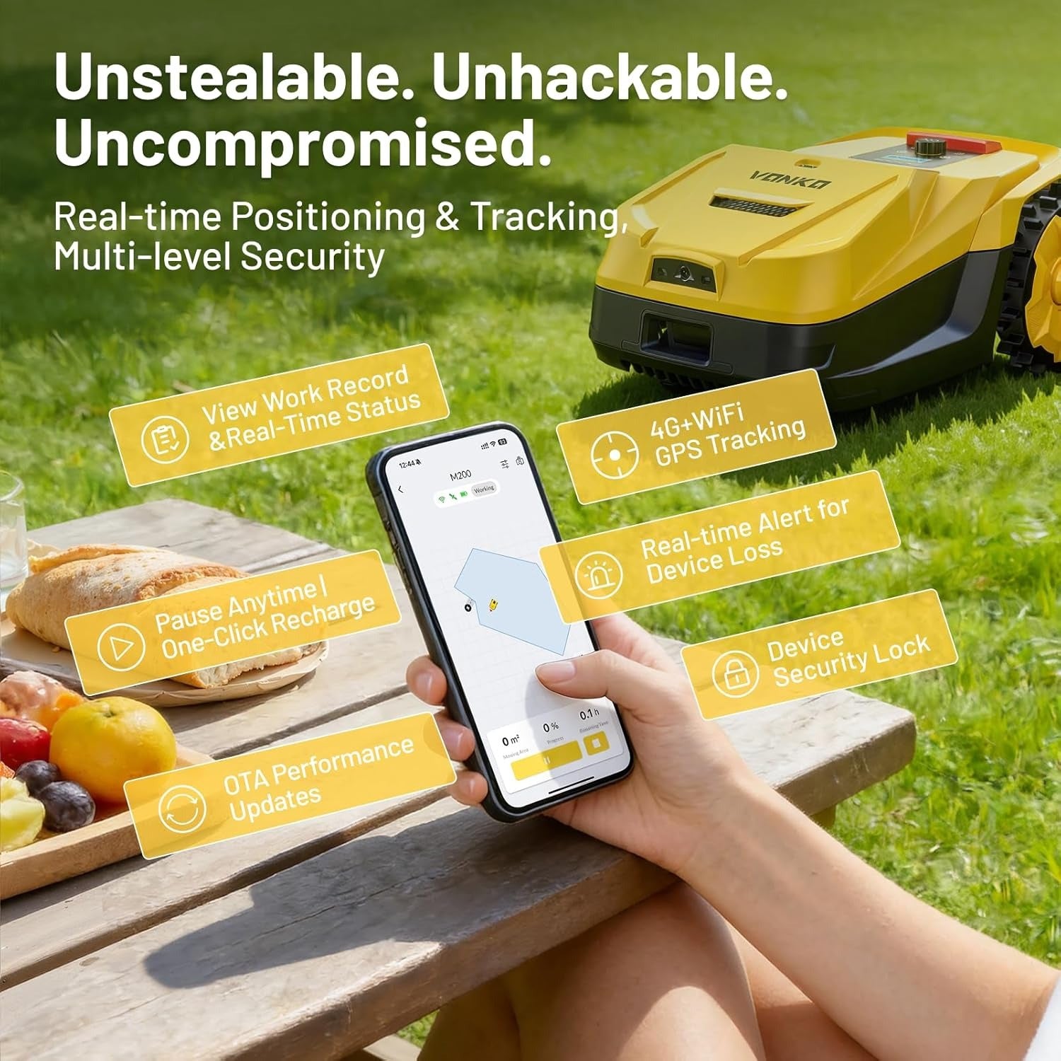 VONKO M200 wire-free robot lawn mower shown with app control for garden mowing setup