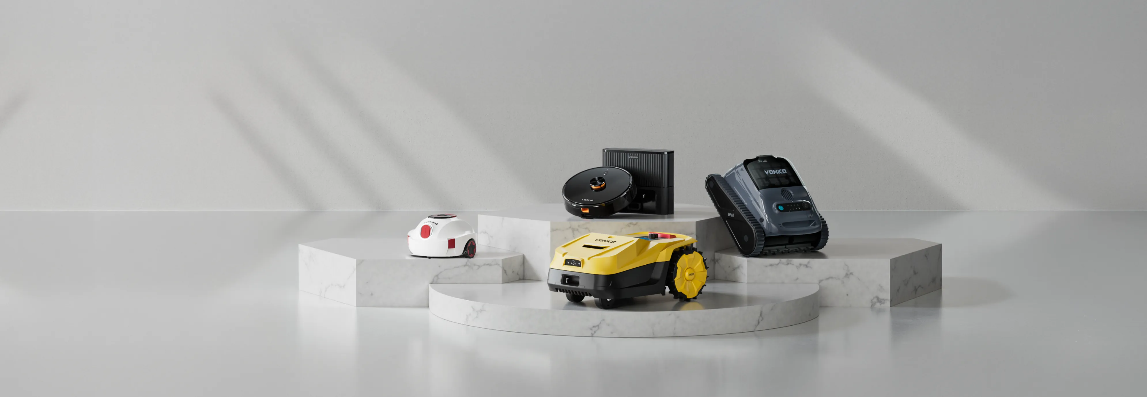 Three smart cleaning robots including S6 PRO vacuum cleaner, P10 robotic lawn mower, and W10 pool cleaning robot displayed as a product lineup