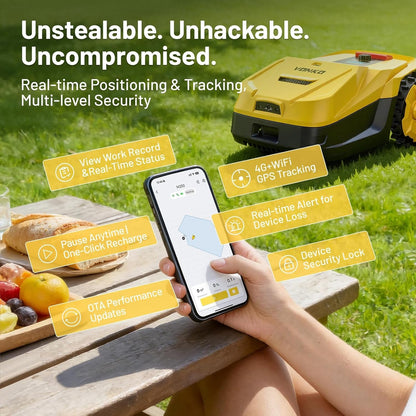 VONKO M200 wire-free robot lawn mower shown with app control for garden mowing setup